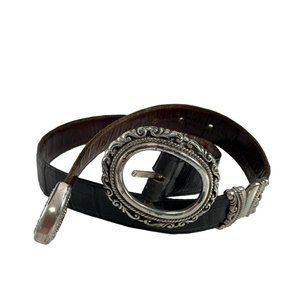 Womens Reversible Black Brown Belt Silver Colored Metal Details Size Small